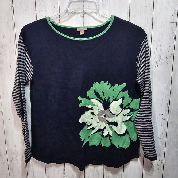 J. Jill Sweaters - J. Jill Women's Blue Green Floral, Striped Sleeves Cotton Blend Sweater Size SP.